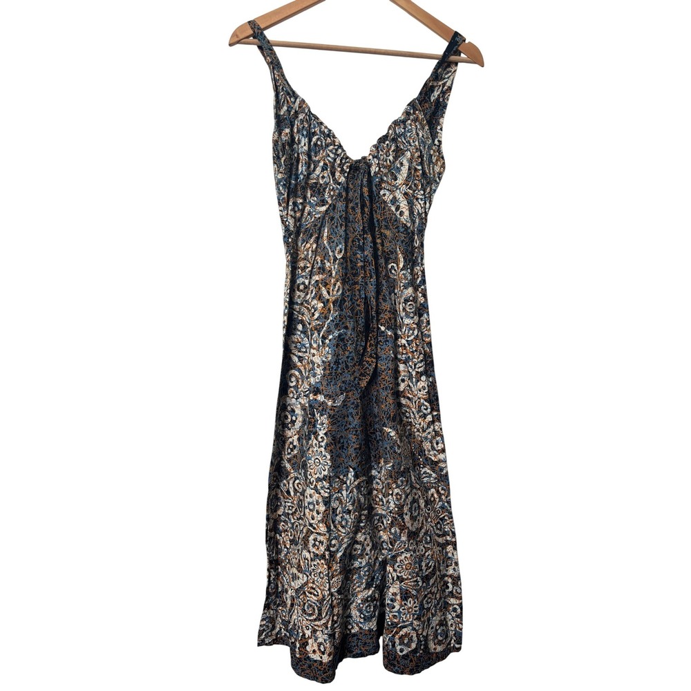 Vintage Fernando Huertas Merida Mexico Abstract Floral Tie Front Midi Dress Blue
